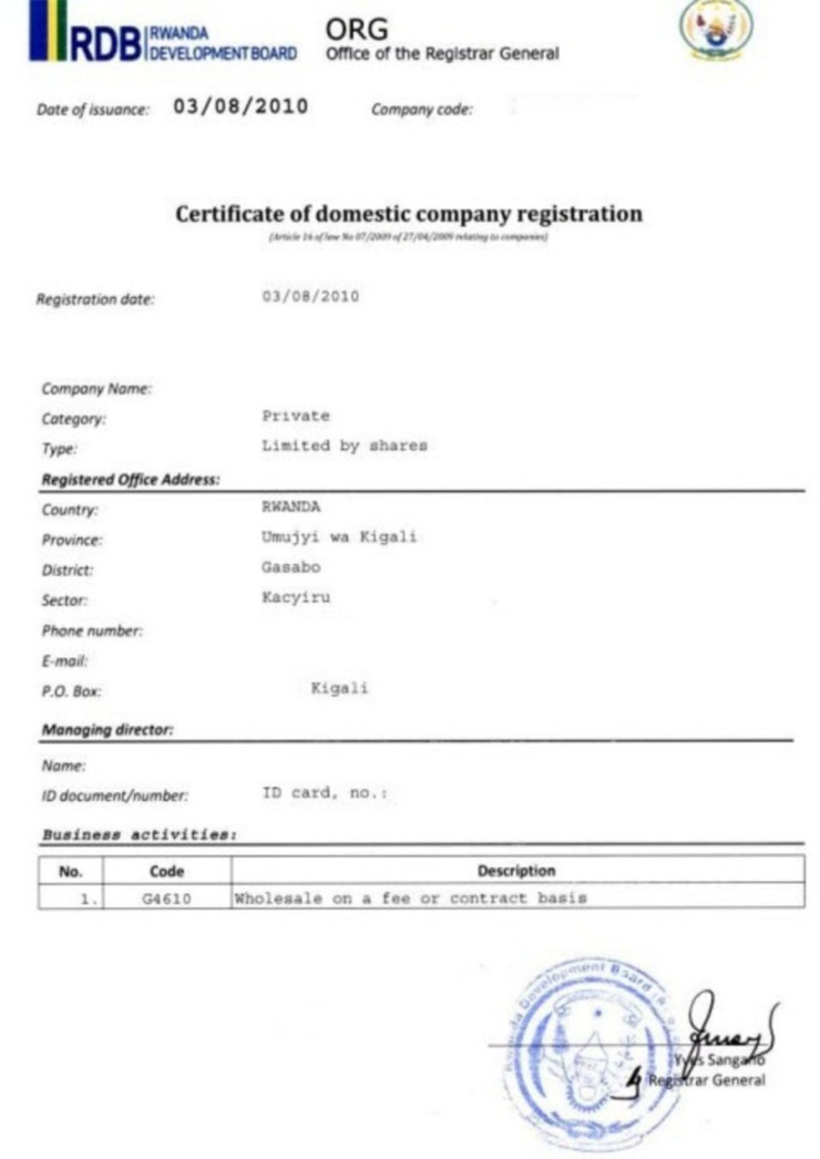 Rwanda Certificate of domestic company registration